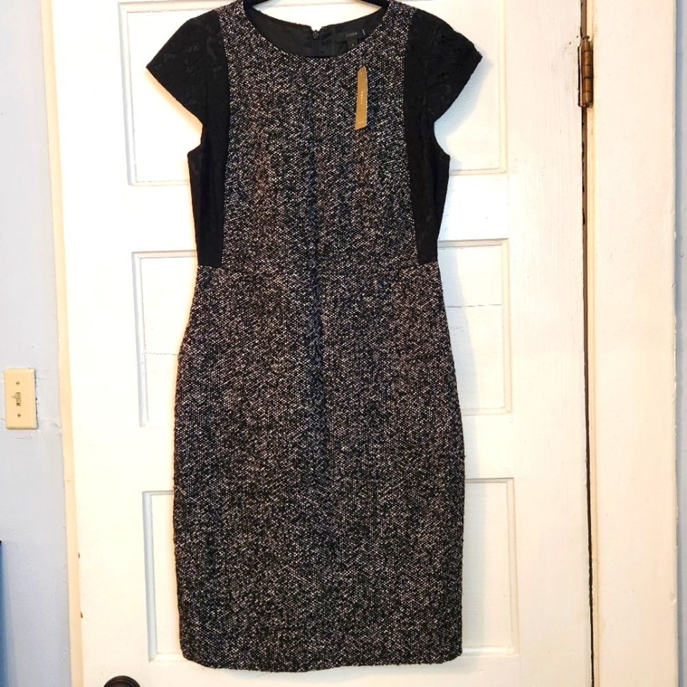 J. Crew Dress, Tweed Wool Blend Sheath Gray, Black Lace Sleeve Sz 6 NWT Academia